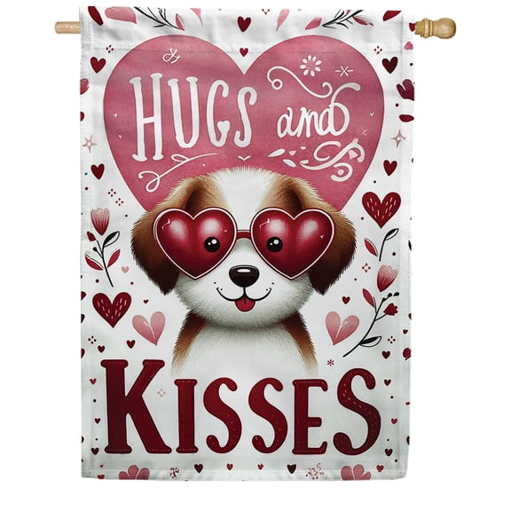 America Forever Puppy Love Hugs Kisses Double Sided House Flag 28 x 40 inch Dog Heart Sunglasses Romantic Holiday Valentines Day Yard Outdoor Decorative Banner