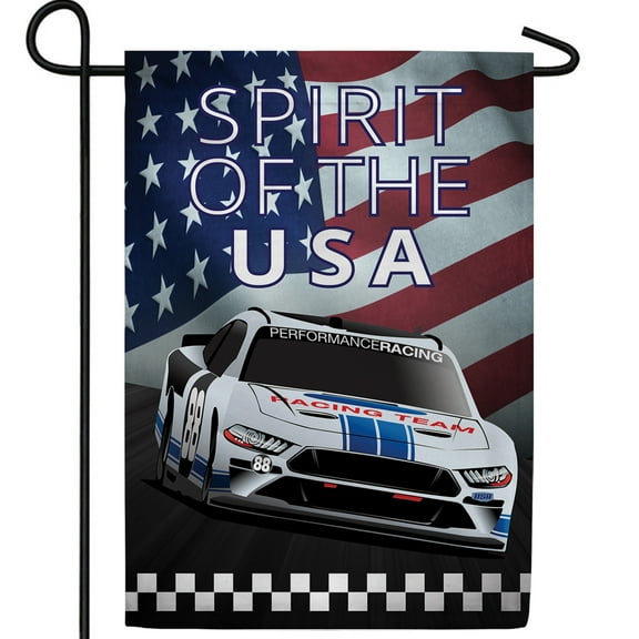 America Forever Racing To The Finish Garden Flag, 12.5 x 18 inch Double Sided, Patriotic Race Car Banner, American Flag Decoration, NASCAR Inspired Outdoor Decor, USA Spirit Yard Flag