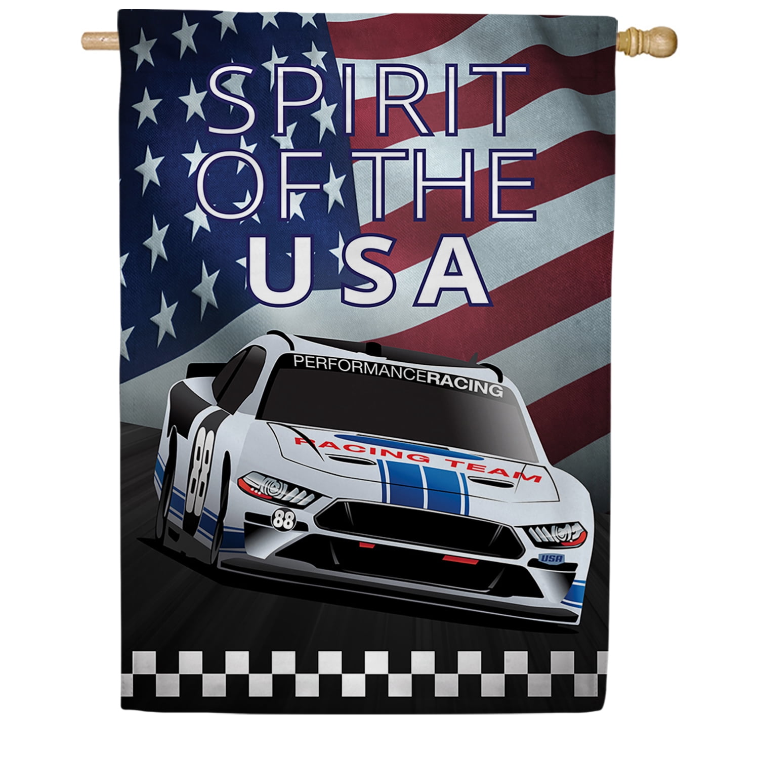 America Forever Racing To The Finish House Flag, 28 x 40 inch Double Sided, Patriotic Race Car Banner, American Flag Decoration, NASCAR Inspired Outdoor Decor, USA Spirit Yard Flag