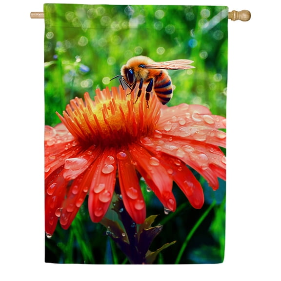 America Forever Rainy Day Bee House Flag, 28 x 40 inch Double Sided, Nature Cone Flower Banner, Spring Garden Decor, Outdoor Yard Pollinator Flag