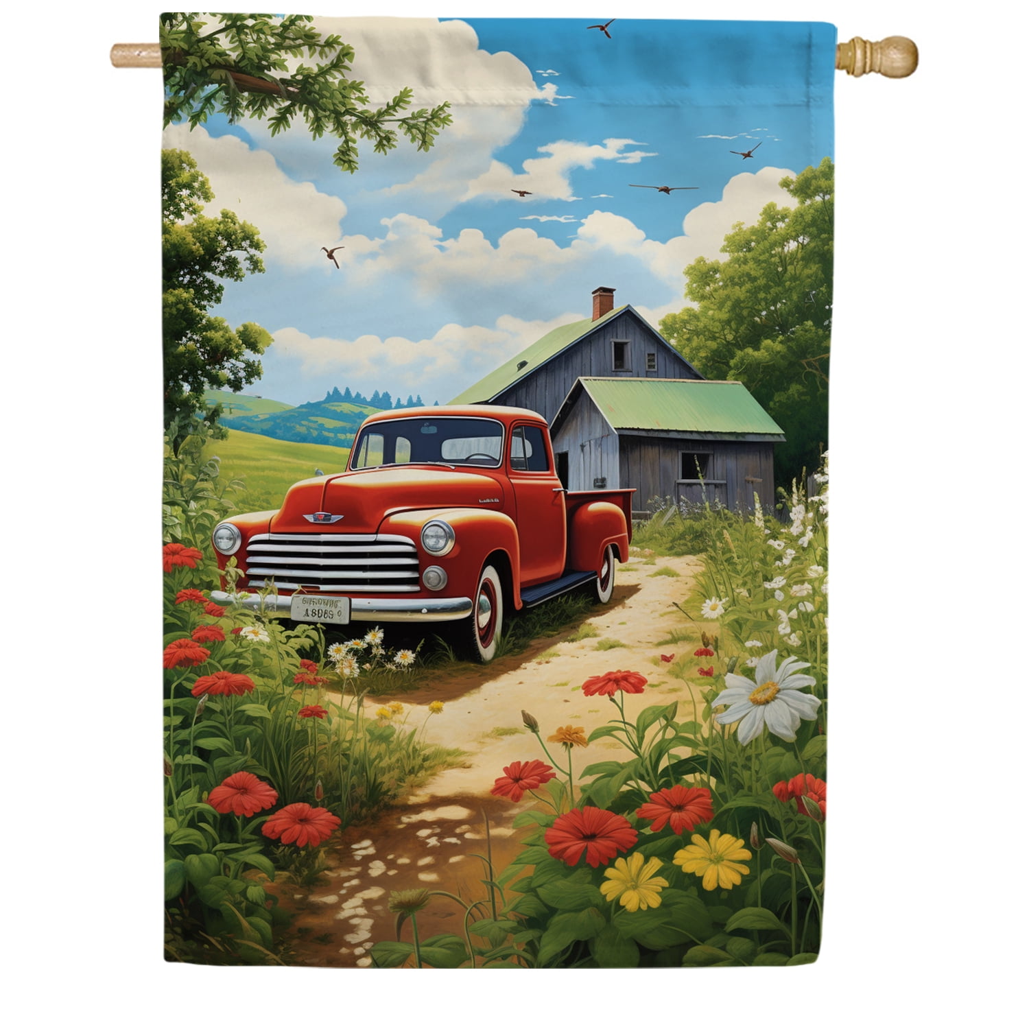 America Forever Red Pickup Rural Bliss House Flag, 28 x 40 inch Double Sided, Vintage Truck Country Flag, Farm Barn Countryside Decor, Rustic Americana Yard Flag
