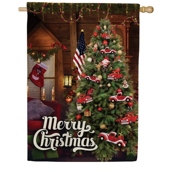 America Forever Red Truck Christmas Garden Flag, 12.5 x 18 inch Double Sided, Patriotic Pickup Tree USA Holiday Decor, American Christmas Yard Flag Banner