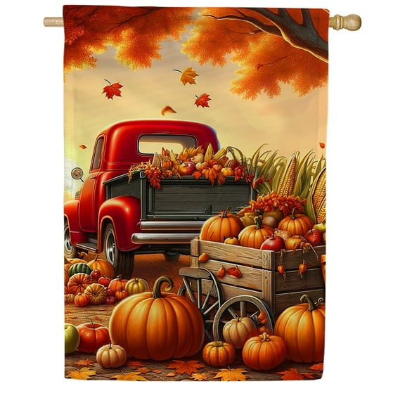 America Forever Red Truck House Flag, 28 x 40 inches Double Sided, Farmhouse Pumpkin Harvest Decor, Fall Seasonal Outdoor Flags for Yard, Lawn, and House