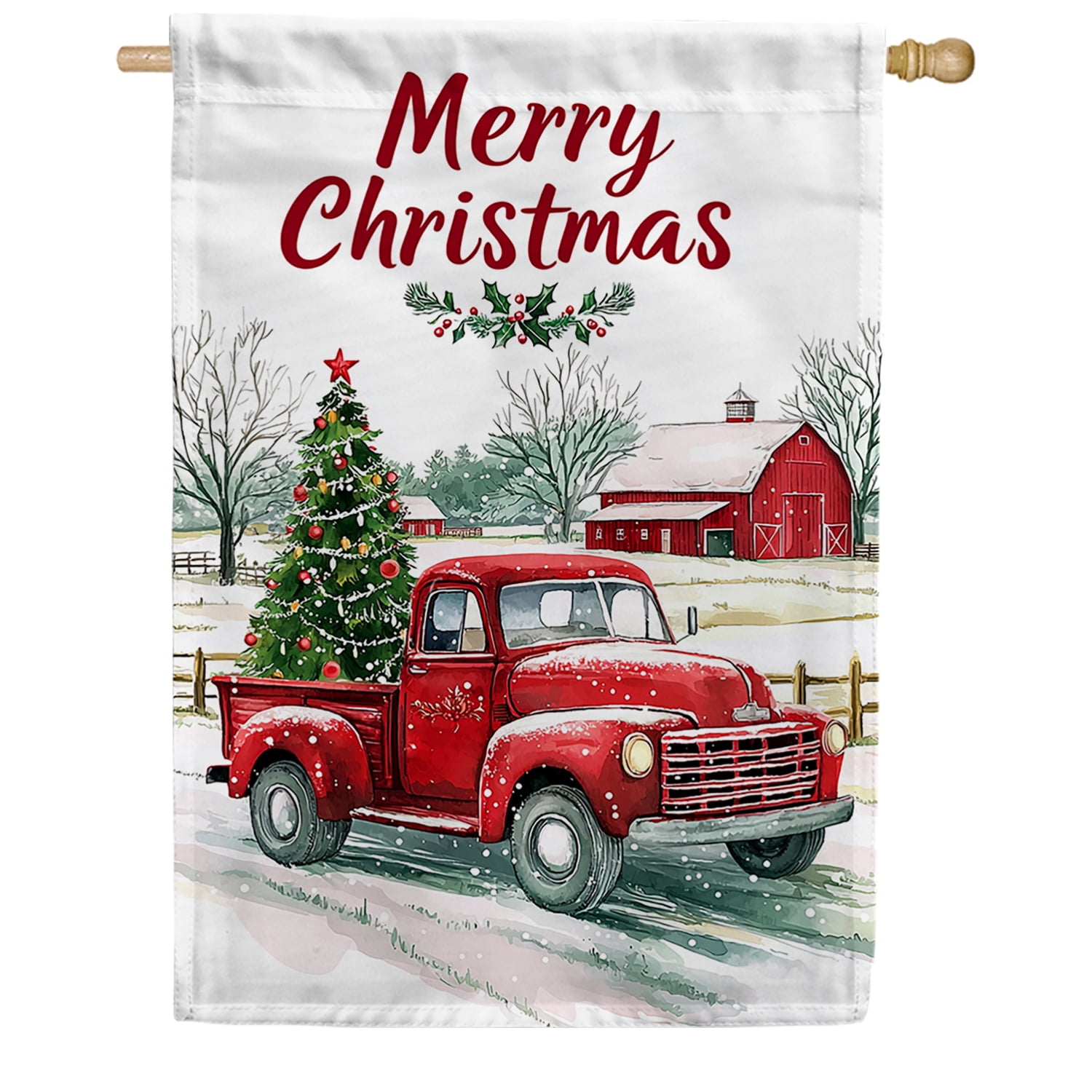 America Forever Red Truck with Tree House Flag, 28 x 40 inch Double Sided, Christmas Vintage Pickup Banner, Farm Winter Scene Outdoor Decor, Holiday Outside Decorations Yard Flag