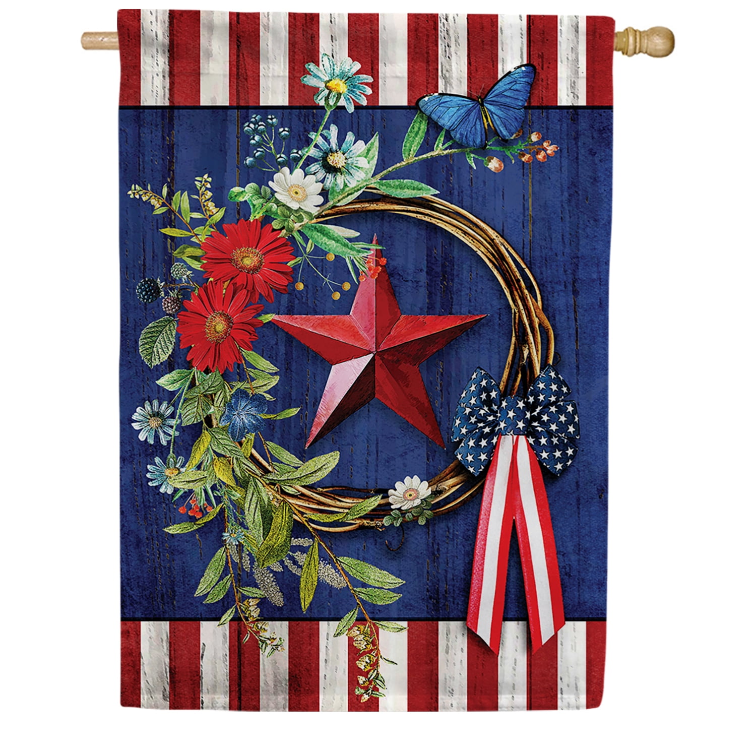 America Forever Red White Blue Patriotic Wreath 4th of July House Flag 28 x 40 inch Americana Barnstar Primitive Memorial Day Independence Daisy Yard Outdoor Decoration