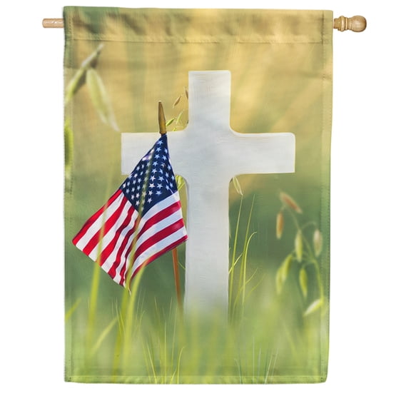 America Forever Remember Sacrifice House Flag, 28 x 40 inch Double Sided, Memorial Cross American Flag Military Veterans Honor Memorial Day Outdoor Decorations Yard Flag