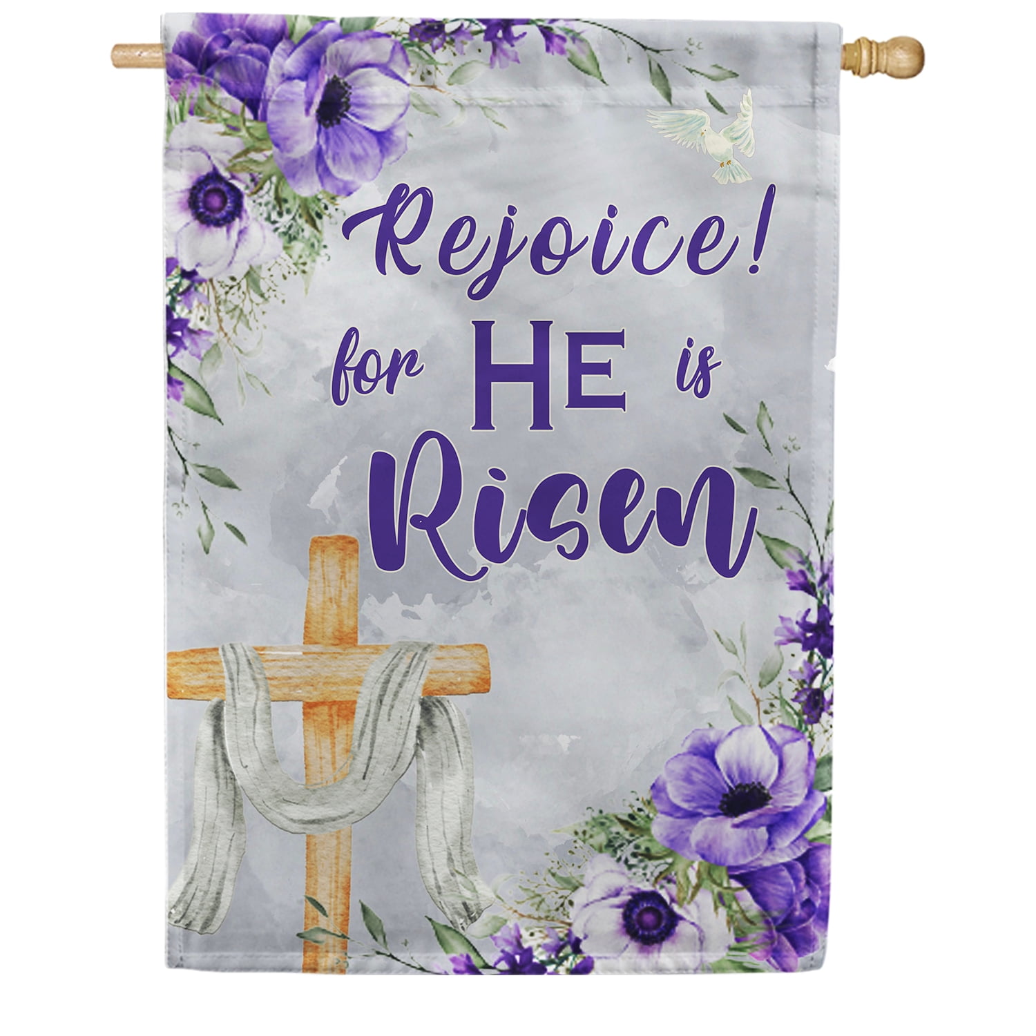America Forever He is Risen Easter House Flag 28 x 40 inch Double Sided Rejoice Religious Cross Purple Pansy Flowers Small Spring Holiday Seasonal Easter Day Flags for Outdoor Yard Lawn Decoration