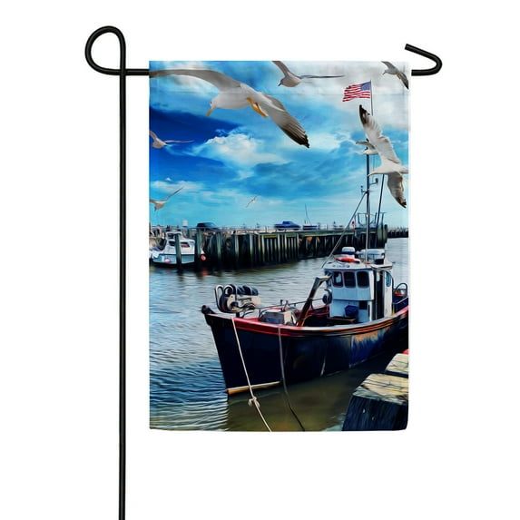 America Forever River Dock Fishing Boat Summer Garden Flag 12.5 x 18 inches Lake Pool Patriotic US Flag Double Sided Summer Seasonal Yard Outdoor Decorative Nautical Seagulls Garden Flag