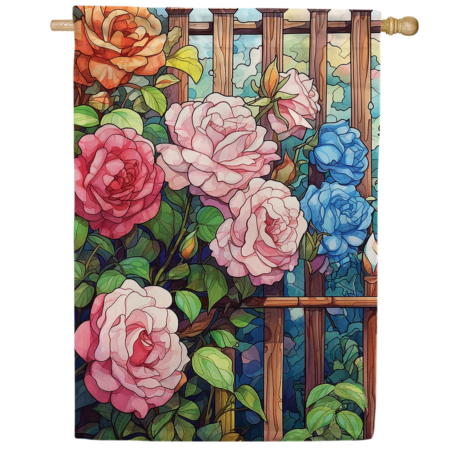 America Forever Rose Arbor House Flag, 28 x 40 inch Double Sided, Stained Glass Rose Trellis Garden, Climbing Rose Arbor Outdoor Decorative Flag