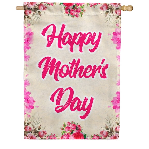 America Forever Rosy Mothers Day House Flag, 28 x 40 inch Double Sided, Happy Mothers Day Pink Roses Floral, Holiday Outdoor Yard Decorative Spring Flag