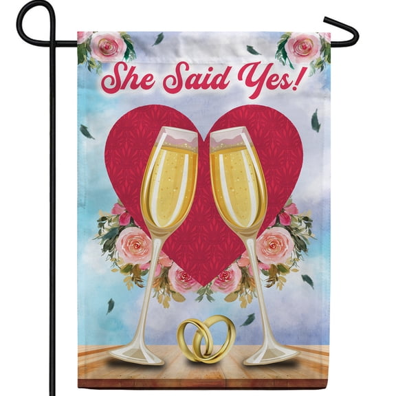 America Forever She Said Yes Garden Flag, 12.5 x 18 inch Double Sided, Engagement Celebration Banner, Wedding Rings Champagne Outdoor Decor, Bridal Announcement Yard Flag