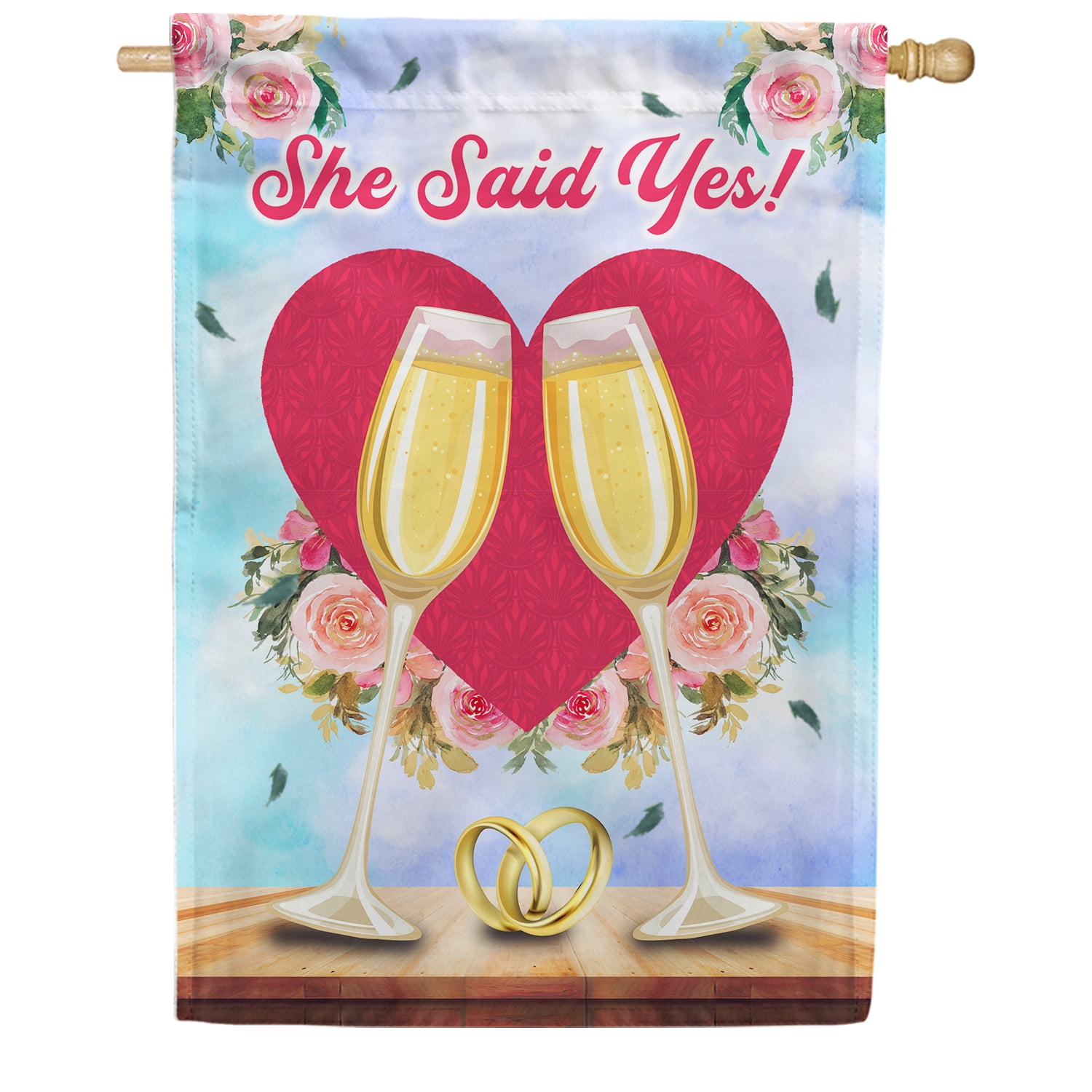 America Forever She Said Yes House Flag, 28 x 40 inch Double Sided, Engagement Celebration Banner, Wedding Rings Champagne Outdoor Decor, Bridal Announcement Yard Flag
