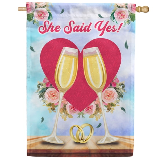 America Forever She Said Yes House Flag, 28 x 40 inch Double Sided, Engagement Celebration Banner, Wedding Rings Champagne Outdoor Decor, Bridal Announcement Yard Flag