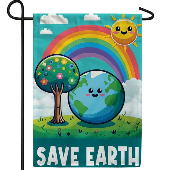 America Forever Save Earth Rainbow Garden Flag Double Sided, 12.5 x 18 inch Cute Earth Kawaii Design Flag, Smiling Planet Rainbow Sun, Kids Environmental Awareness Yard Flag