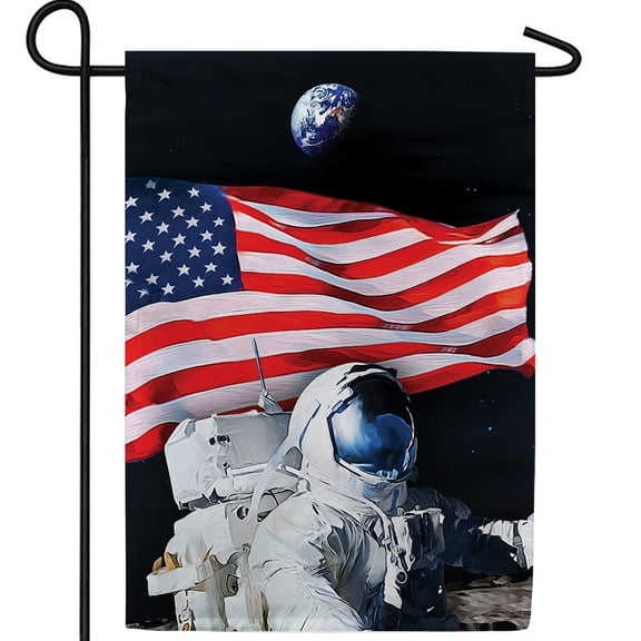 America Forever Selfie World Garden Flag, 12.5 x 18 inch Double Sided, Astronaut Space American Flag Earth Planet NASA Patriotic Outdoor Decorations Yard Flag