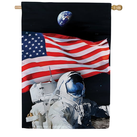 America Forever Selfie World House Flag, 28 x 40 inch Double Sided, Astronaut Space American Flag Earth Planet NASA Patriotic Outdoor Decorations Yard Flag