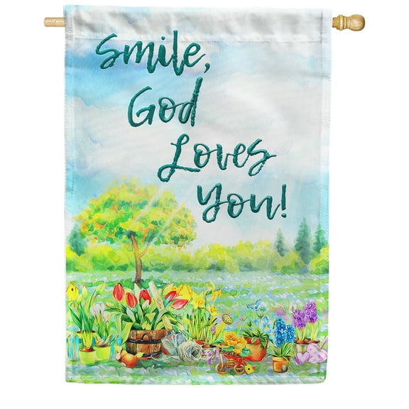 America Forever Smile God Loves You House Flag 28 x 40 inch Religious Christian Faith Motivational Double Sided Tulip Sunflower Floral Yard Outdoor Decorative Inspirational Quote Positive Flag