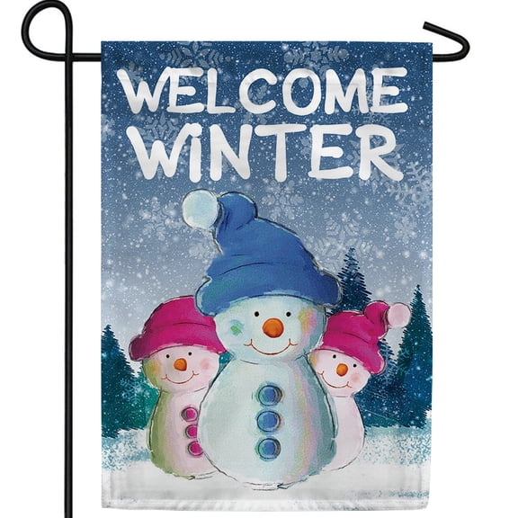 America Forever Smiling Snowmen Welcome Garden Flag, 12.5 x 18 inch Double Sided, Winter Greeting Banner, Three Friends Outdoor Decor, Cheerful Flag, Seasonal Yard Decoration