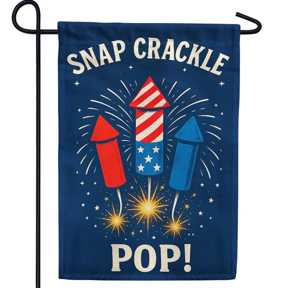 America Forever Snap Crackle Pop Garden Flag, 12.5 x 18 inch Double Sided, Patriotic Fireworks Bottle Rockets, 4th of July Independence Day Decor, Fun Summer Celebration Flag