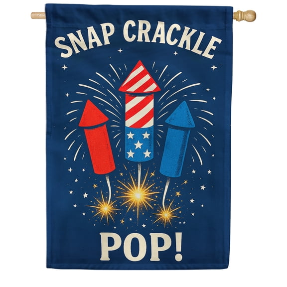 America Forever Snap Crackle Pop House Flag, 28 x 40 inch Double Sided, Patriotic Fireworks Bottle Rockets, 4th of July Independence Day Decor, Fun Summer Celebration Flag