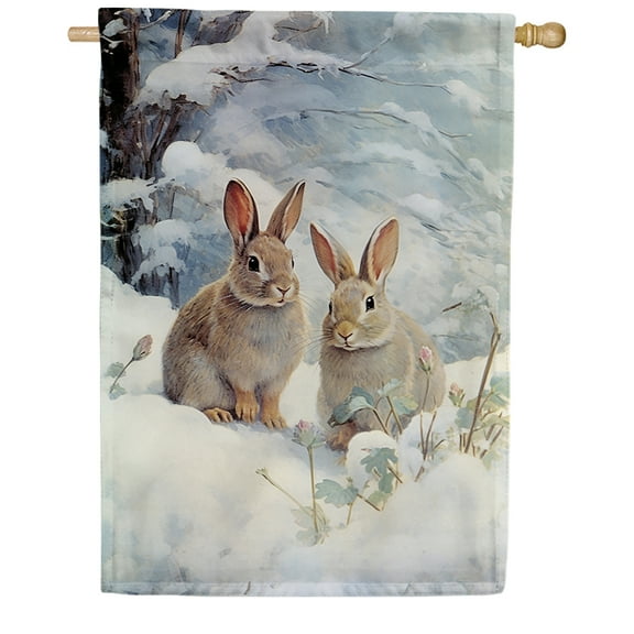 America Forever Snow Rabbits Winter Environment Double Sided House Flag, 28 x 40 inch Bunny Banner, Seasonal Outdoor Decor, Holiday Outside Decorations Yard
