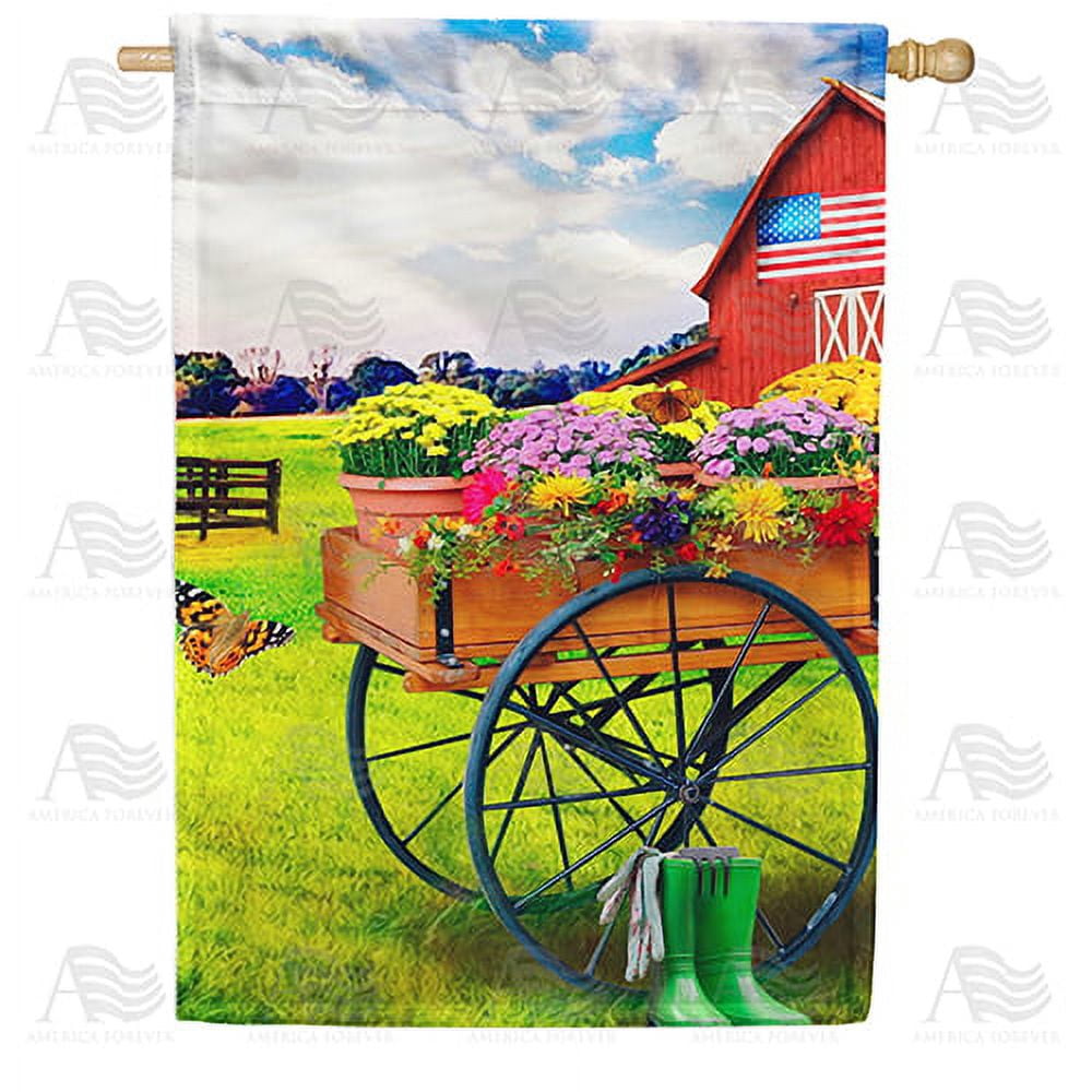 America Forever Spring Barn House Flag 28 x 40 inches Double Sided Country, Patriotic Farm, Summer Flowers, Boots, Butterflies - Seasonal Yard Lawn Outdoor Decorative Floral Flag