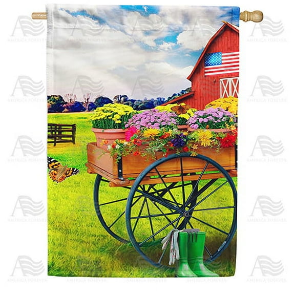America Forever Spring Barn House Flag 28 x 40 inches Double Sided Country, Patriotic Farm, Summer Flowers, Boots, Butterflies - Seasonal Yard Lawn Outdoor Decorative Floral Flag