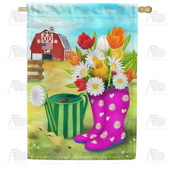 America Forever Spring Barn House Flag 28 x 40 inches Double Sided Country, Patriotic, Rustic, Garden Boots, Watering Can - Seasonal Yard Lawn Outdoor Decorative Summer House Flag