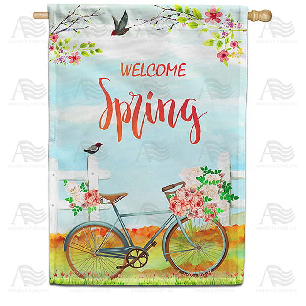 America Forever Spring Bicycle House Flag 28 x 40 inches Double Sided Flower Basket Bicycle, Summertime, Bird, Flower - Seasonal Yard Lawn Outdoor Decorative Welcome Spring House Flag