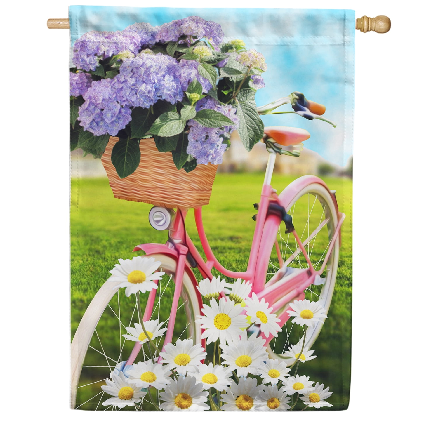 America Forever Spring Bicycle House Flag 28 x 40 inches Double Sided Summer Themed, Daisy, Hydrangeas, Colorful - Seasonal Yard Lawn Outdoor Decorative Spring Flowers House Flag