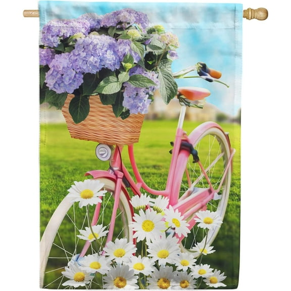 America Forever Spring Bicycle House Flag 28 x 40 inches Double Sided Summer Themed, Daisy, Hydrangeas, Colorful - Seasonal Yard Lawn Outdoor Decorative Spring Flowers House Flag