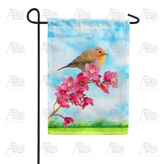 America Forever Spring Bird Garden Flag 12.5 x 18 inches Double Sided Pink Flower, Robin, Rose, Blossom, Sunshine - Seasonal Yard Lawn Outdoor Decorative Sunshine Garden Flag