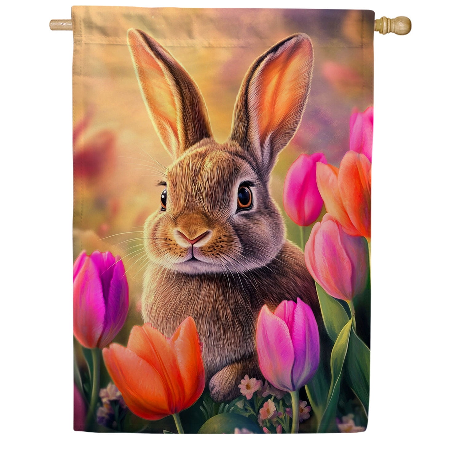 America Forever Spring Bunny House Flag, 28 x 40 inch Double Sided, Cute Rabbit Tulip Flowers Easter Spring Seasonal Outdoor Decorations Yard Flag