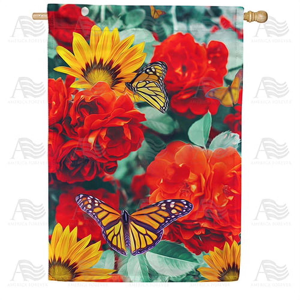 America Forever Spring Butterfly House Flag 28 x 40 inches Double Sided Welcome Summer, Flowers, Rose, Sunflower - Seasonal Yard Lawn Outdoor Decorative Spring Floral House Flag