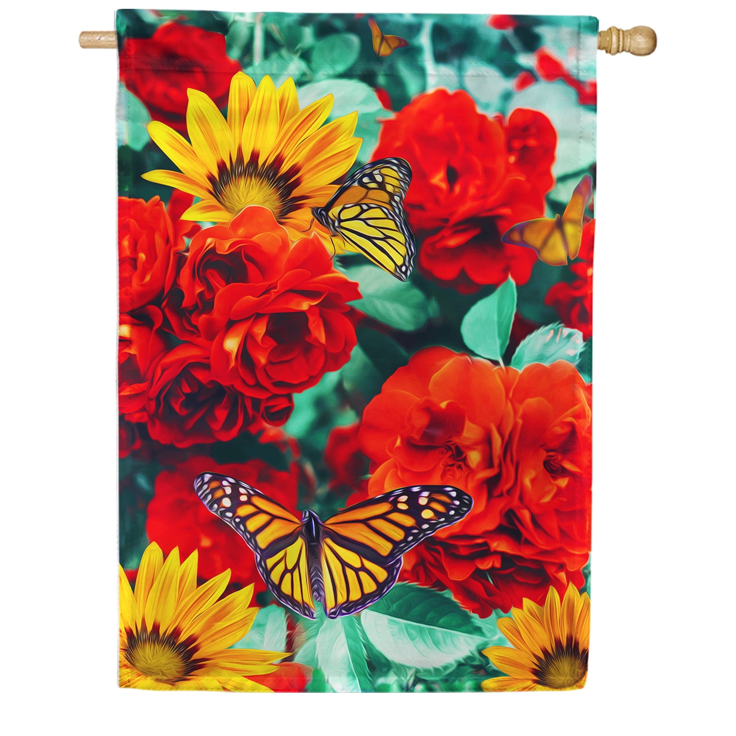 America Forever Spring Butterfly House Flag 28 x 40 inches Double Sided Welcome Summer, Flowers, Rose, Sunflower - Seasonal Yard Lawn Outdoor Decorative Spring Floral House Flag
