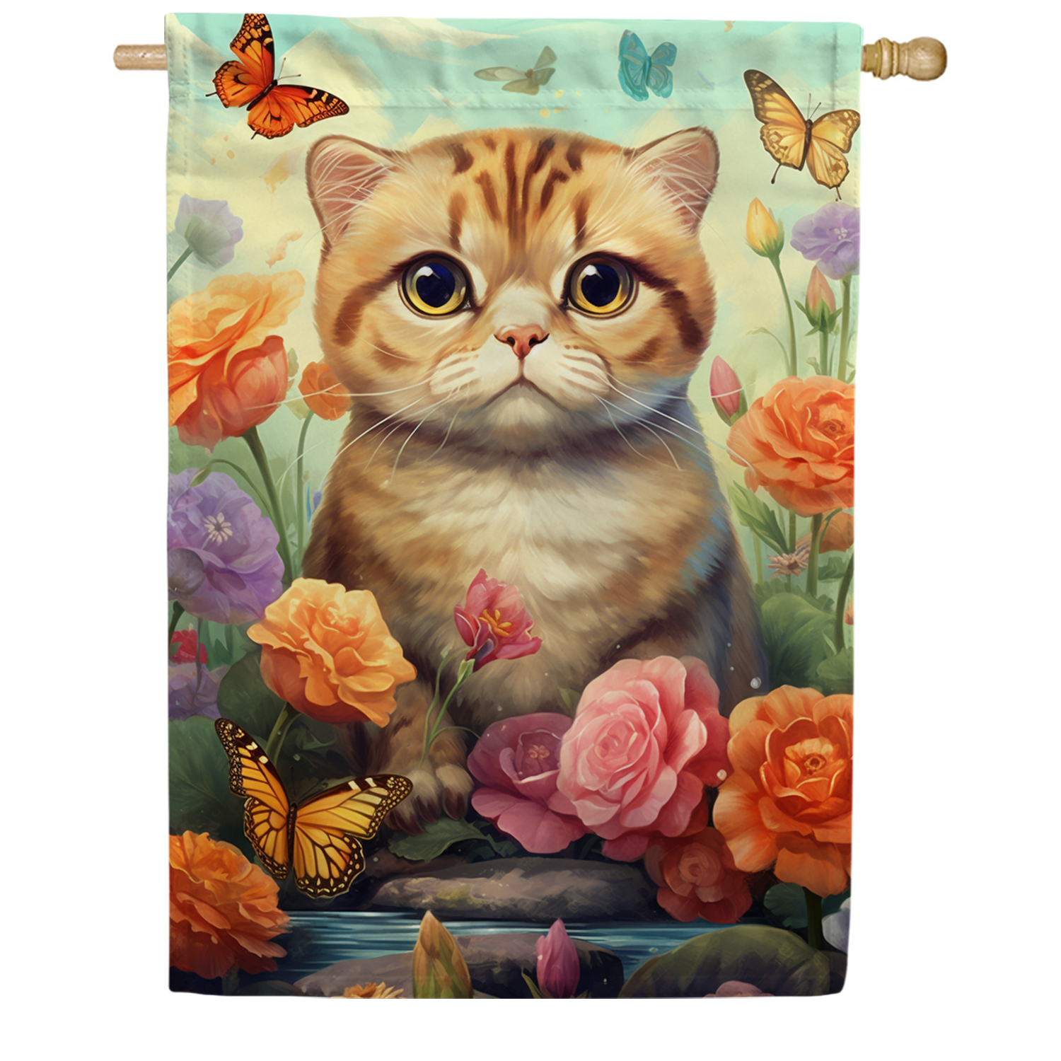 America Forever Spring Cat House Flag 28 x 40 inch Double Sided Kitty Roses Floral Summer Spring House Flag for Outdoor Tabby Cat Flag Yard Decoration