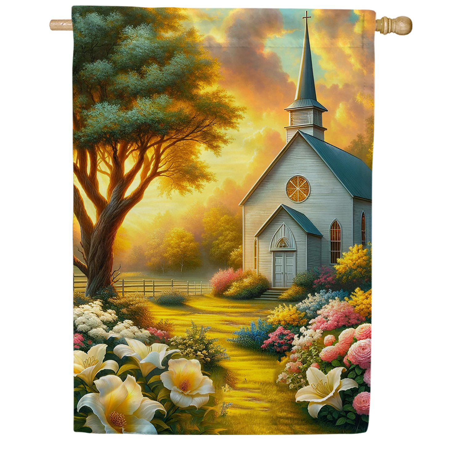 America Forever Spring Church House Flag, 28x40 inch Double Sided, Floral Flowers Daffodils , Church Yard Decoration, Christian Flag for Outdoor Sanctuary Yard Decoration