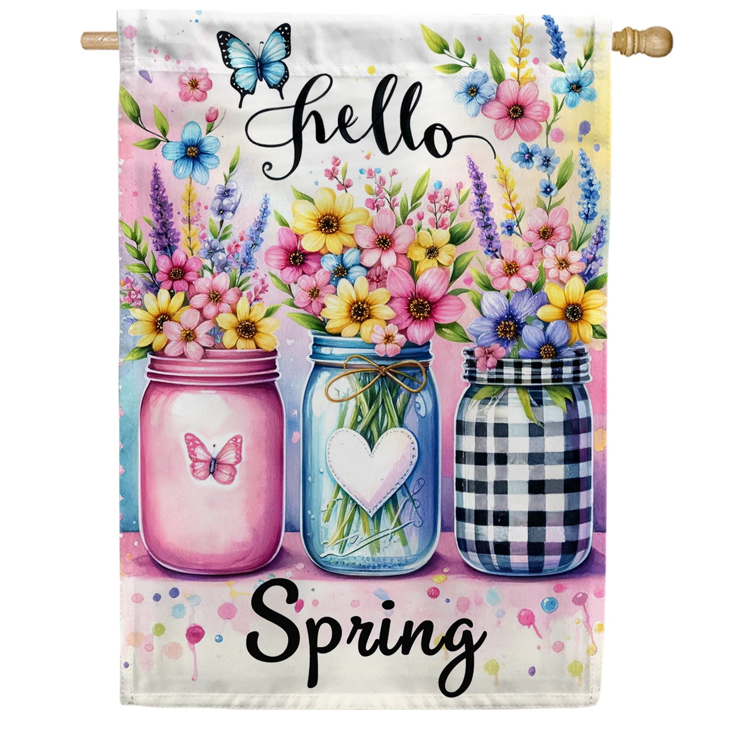 America Forever Spring Floral Mason Jar House Flag, 28x40 inch Double Sided, Butterfly Flower Hello Spring Yard Decoration, Seasonal Holiday Decorations for Outside