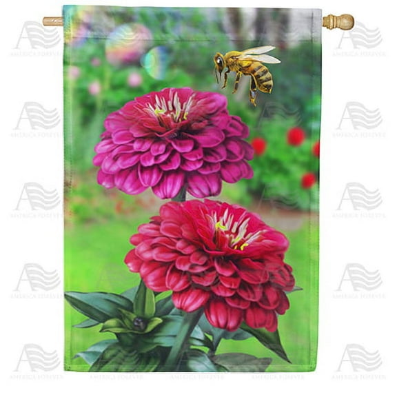 America Forever Spring Flower House Flag 28 x 40 inches Double Sided Dahlia, Honey Bee, Greenery, Summer Scene, Pink Floral - Seasonal Yard Lawn Outdoor Decorative Spring Bee House Flag