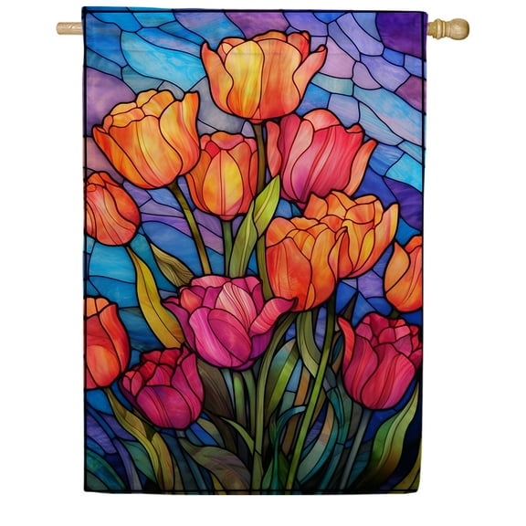 America Forever Spring House Flag 28 x 40 inch Double Sided Tulip Floral Flowers Glass Style Small Spring Holiday Seasonal Easter Day Flags for Outdoor Yard Lawn Decoration