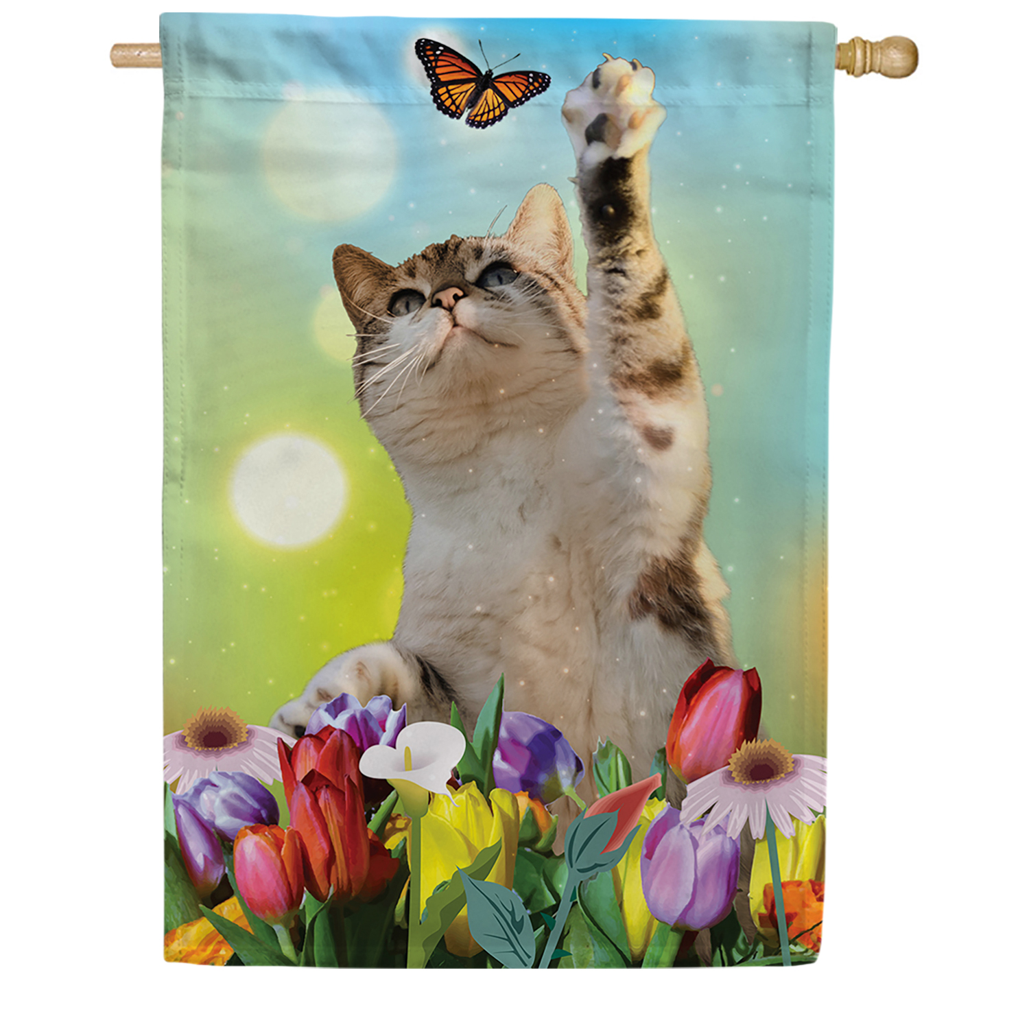 America Forever Spring Kitty House Flag 28 x 40 inches Double Sided Cute Cat, Butterly, Summer Flowers, Daisy, Tulip - Seasonal Yard Lawn Outdoor Decorative Tabby Cat House Flag