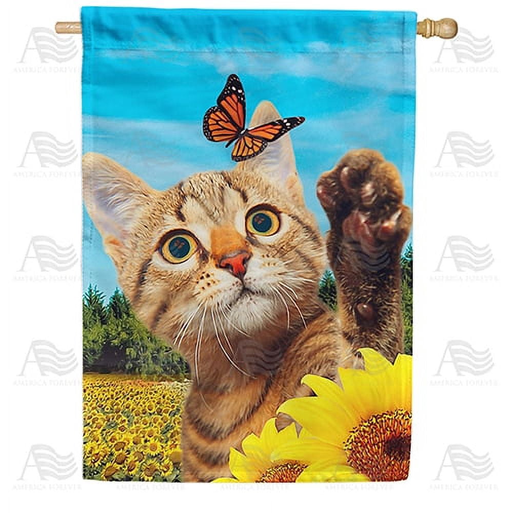 America Forever Spring Kitty House Flag 28 x 40 inches Double Sided Sunflower Blue Sky, Cute Cat, Butterfly - Seasonal Yard Lawn Outdoor Decorative Summertime House Flag