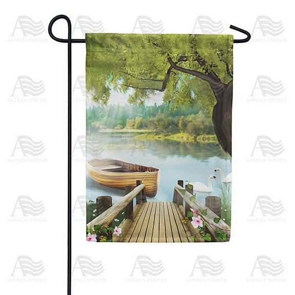 America Forever Spring Lake Garden Flag 12.5 x 18 inches Double Sided Boat, Swan, Greenery, Floral, Bloom, Colorful - Seasonal Yard Lawn Outdoor Decorative Summer Spring Garden Flag