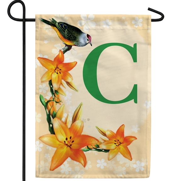 America Forever Spring Monogram Garden Flag Letter C 12.5 x 18 inches Double Sided Vertical Outdoor, Yard, Lawn, Beautiful Floral Design, Lily, Small Summer Bird Garden Flag