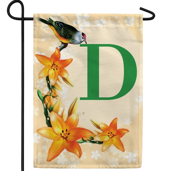 America Forever Spring Monogram Garden Flag Letter D 12.5 x 18 inches Double Sided Vertical Outdoor, Yard, Lawn, Beautiful Floral Design, Lily, Small Summer Bird Garden Flag