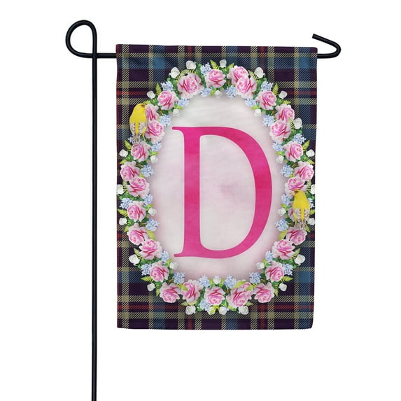 America Forever Spring Monogram Garden Flag Letter D 12.5 x 18 inches Double Sided Vertical Outdoor, Yard, Lawn, Seasonal Decorative Yellow Flowers, Pink Rose, Floral Wreath Garden Flag