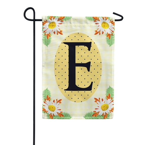 America Forever Spring Monogram Garden Flag Letter E 12.5 x 18 inches Double Sided Vertical Outdoor, Yard, Lawn, Beautiful Bright Summer Flowers, Daisies, White Flowers, Polka Dots Garden Flag
