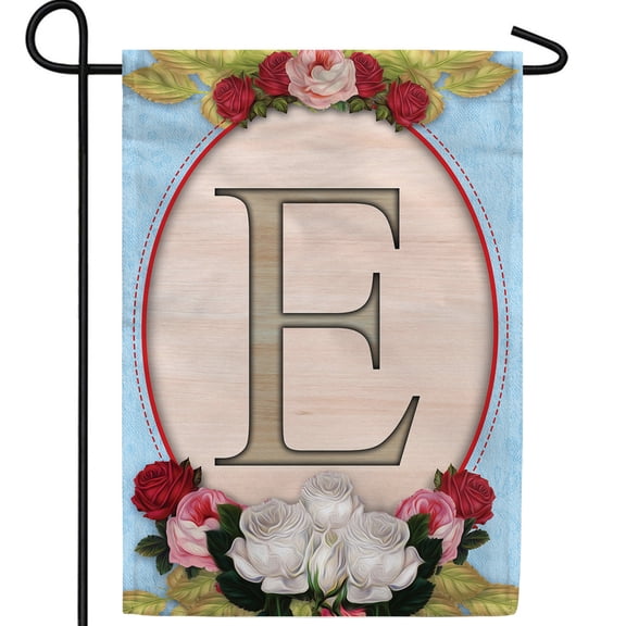 America Forever Spring Monogram Garden Flag Letter E 12.5 x 18 inches Double Sided Vertical Outdoor, Yard, Lawn, Beautiful Floral Design, White, Red, Pink Roses, Summer Flower Garden Flag
