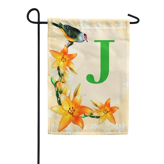 America Forever Spring Monogram Garden Flag Letter J 12.5 x 18 inches Double Sided Vertical Outdoor, Yard, Lawn, Beautiful Floral Design, Lily, Small Summer Bird Garden Flag