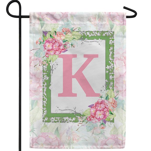 America Forever Spring Monogram Garden Flag Letter K 12.5 x 18 inches Double Sided Vertical Outdoor, Yard, Lawn, with Beautiful Bright Floral Design, Hydrangea, Summer Welcome Garden Flag